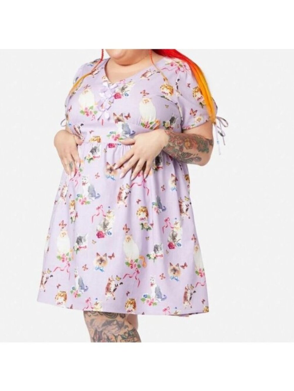 Dangerfield Kitsch Kitty Print Dress 22 Purple Cat Print Bows Whimsigoth Pastel